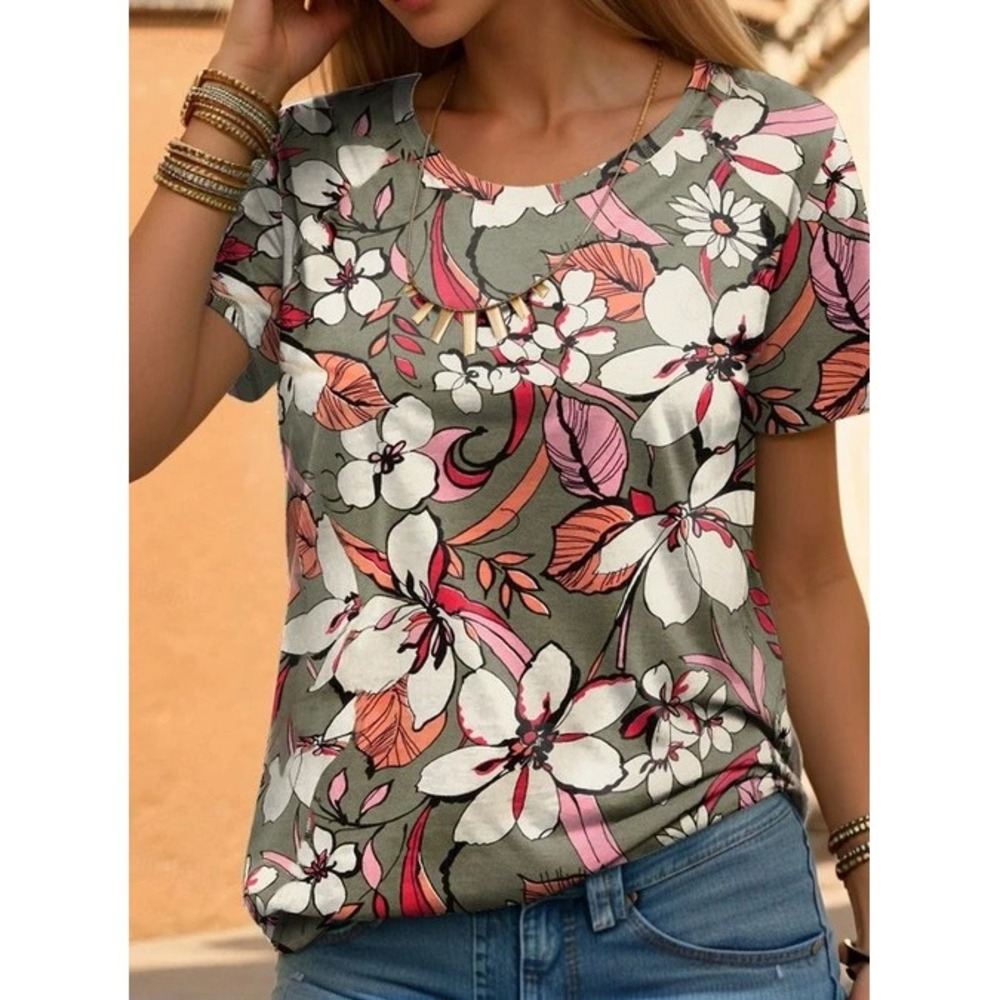 Women 4XL Short Sleeve Floral‎ Pullover Lagun T-Shirt Minimalist Preppy Tropical